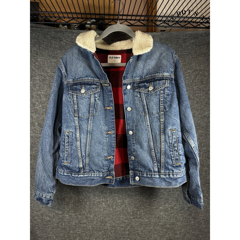 Old Navy Size Large Sherpa Collar Red Buffalo Plaid Flannel Lined Denim Jacket